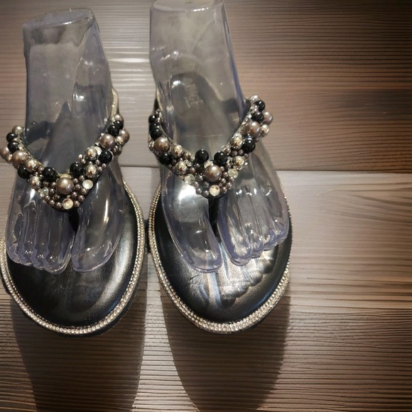 Rouge Helium Shoes - Rouge Helium Black Beaded Rhinestone Thong‎ Sandals Size 10 Boho Bedazzled Y2k